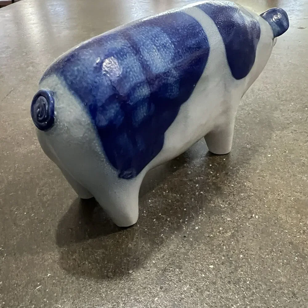 VTG Signed David ELDRETH SALT GLAZED Stonewear Pig COBALT BLUE ON GRAY - Picture 4 of 12